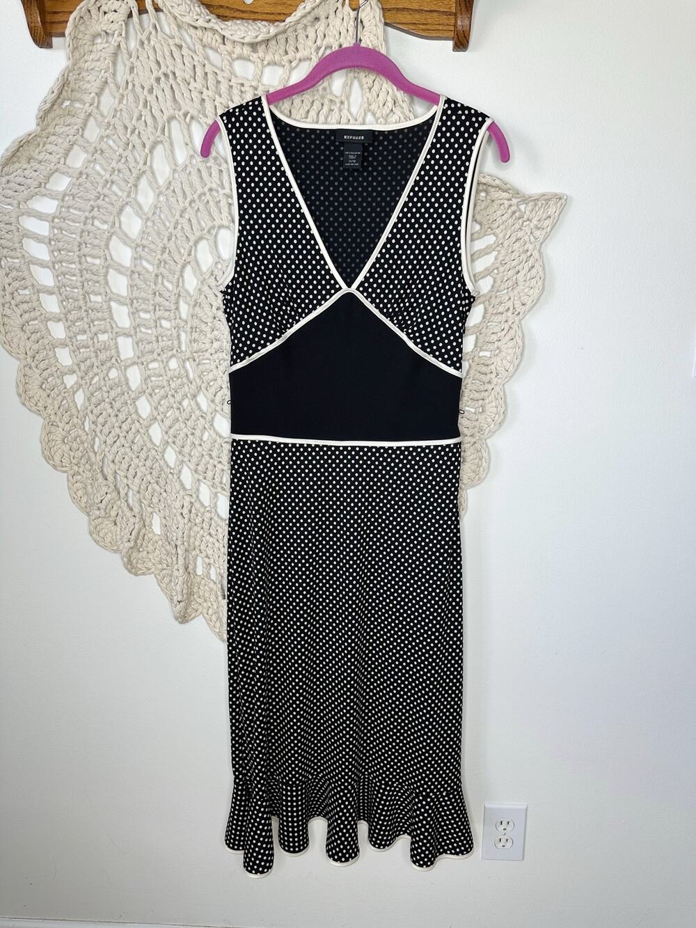 Express Vintage Y2K Black And White Polka Dot Empire Waist Ruffle Hem Midi Dress